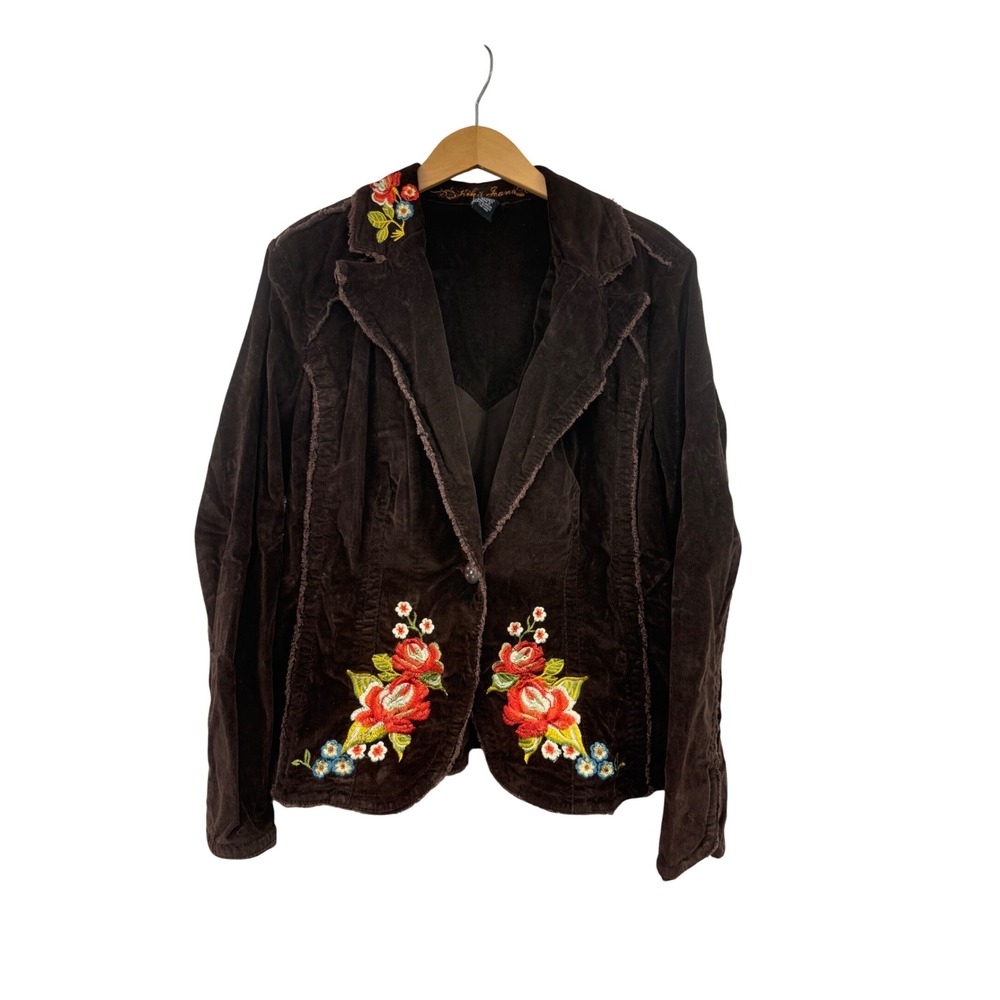 Kikit Jeans Brown Corduroy Floral Embroidered Y2K Blazer Jacket Womens Large